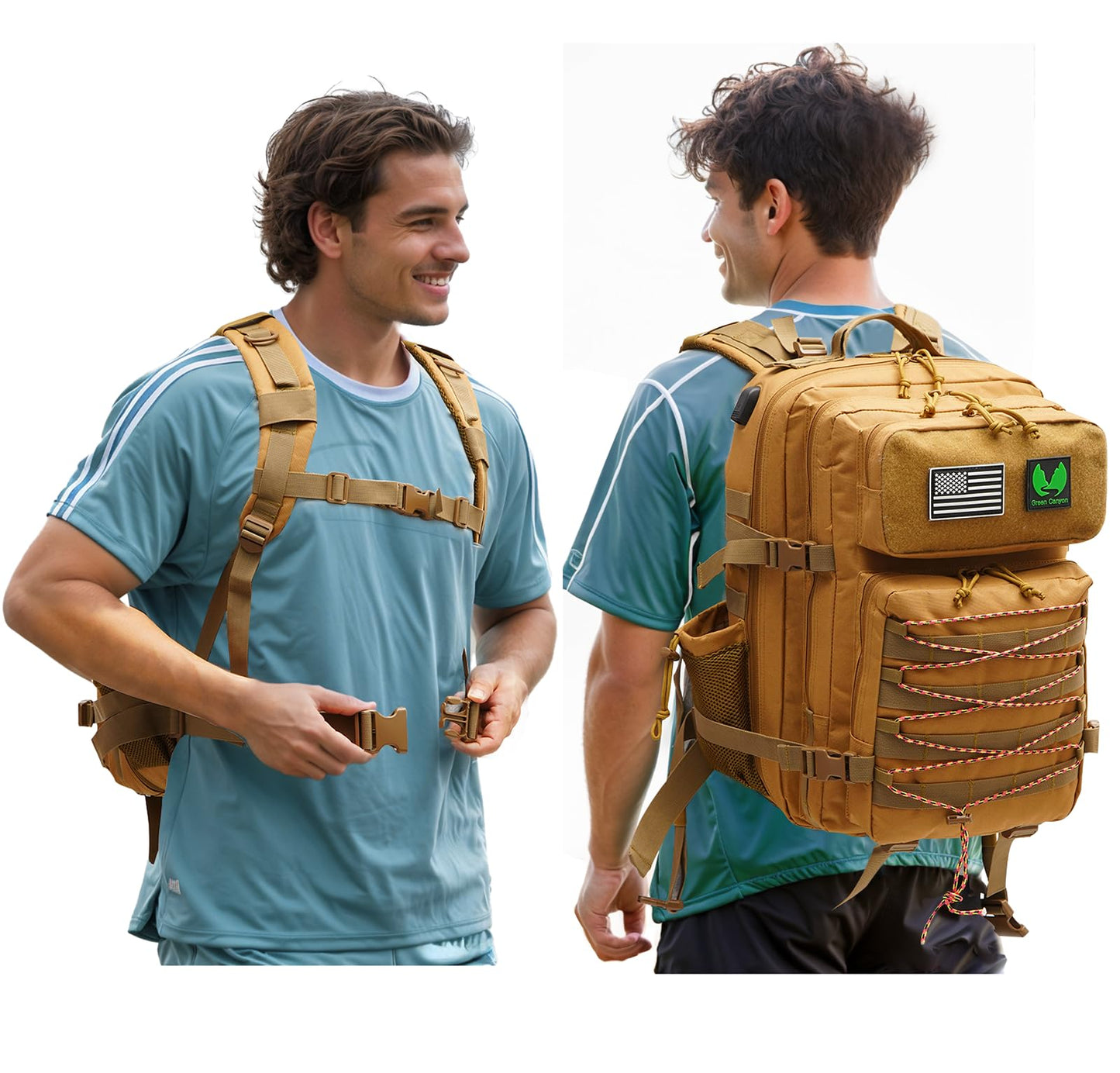 Green Canyon 45L Tactical Assault Backpack with Molle and Charging Port, Water Resistant Military Backpack for Men Women Hiking Rucksack 3 Day Bug Out Bag, Khaki