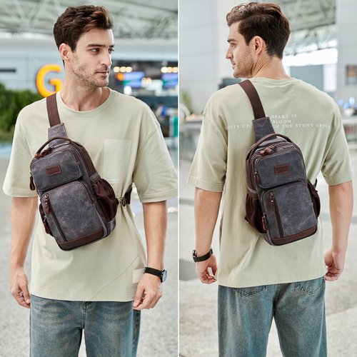 BOVIP Sling Bag for Men - Crossbody Chest Shoulder Bag Waterproof Waxed Canvas Sling Backpack - Casual Daypack for Travel, Black, Gray