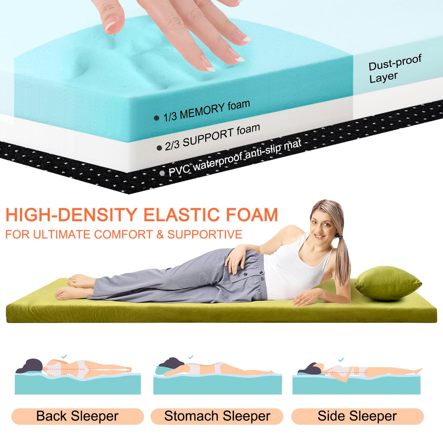 Airpanda Memory Foam Camping Mattress Sleeping Pad, 3" Thick Waterproof Portable Roll Up Sleeping Mats & Floor Mattress Pad with Pillow + Travel Bag for Camping Car Truck Tent Sleepover Kids Adult