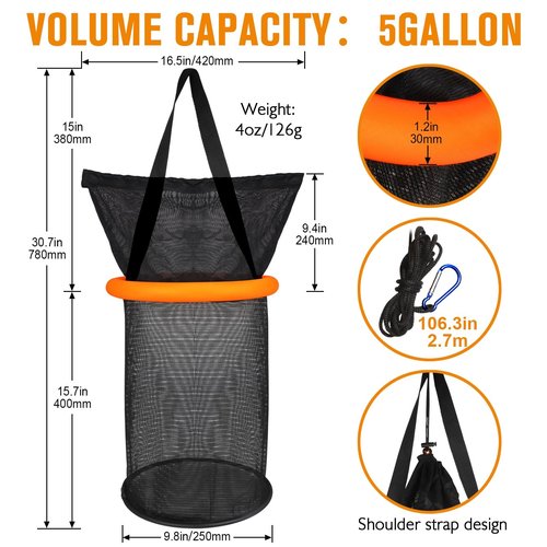 Dovesun 5 Gallons Floating Fishing Basket, Collapsible Fishing Net Portable Nylon-mesh | Coated Nylon Net Bait Storage Cage for Keeping Crayfish Minnows Leaches and Other Live Baits