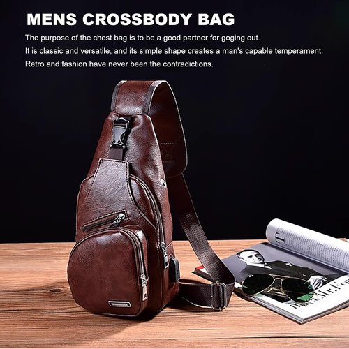 Peicees Pack of 2 Large Leather Sling Bag Mens Crossbody Bag Chest Bag Sling Backpack for Men with USB Charge Port, Dark Brown&Black