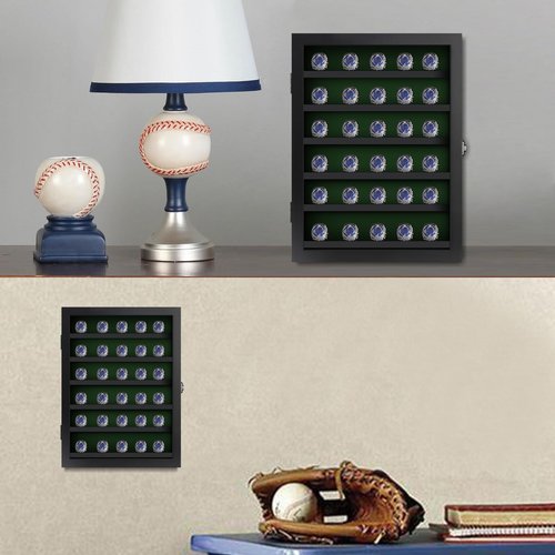 Grintus Ring Display Case - 30 Posts Baseball, Wooden Shadow Box, Lockable Door, Multiple Sports Rings, Black