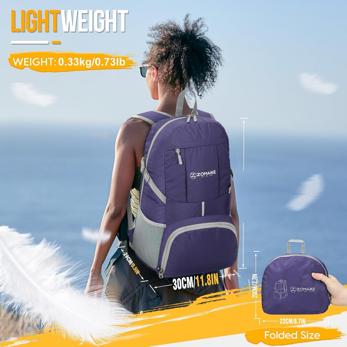 ZOMAKE Lightweight Packable Backpack 35L, Light Foldable Backpacks Water Resistant Collapsible Hiking Bag, Compact Folding Day Pack for Travel Camping(Black)