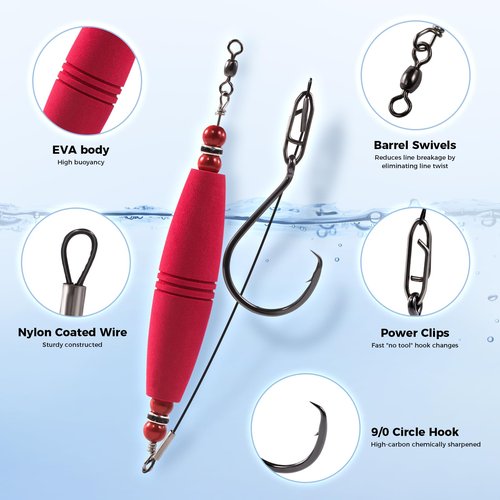 Catfish Float Rigs Fishing Bobbers Popping Cork Tackle Catfishing Equipment Combo for Bank River Lake EVA Peg Artificial High Buoyancy Body Circle Hooks Weight (Pack of 4, 3")