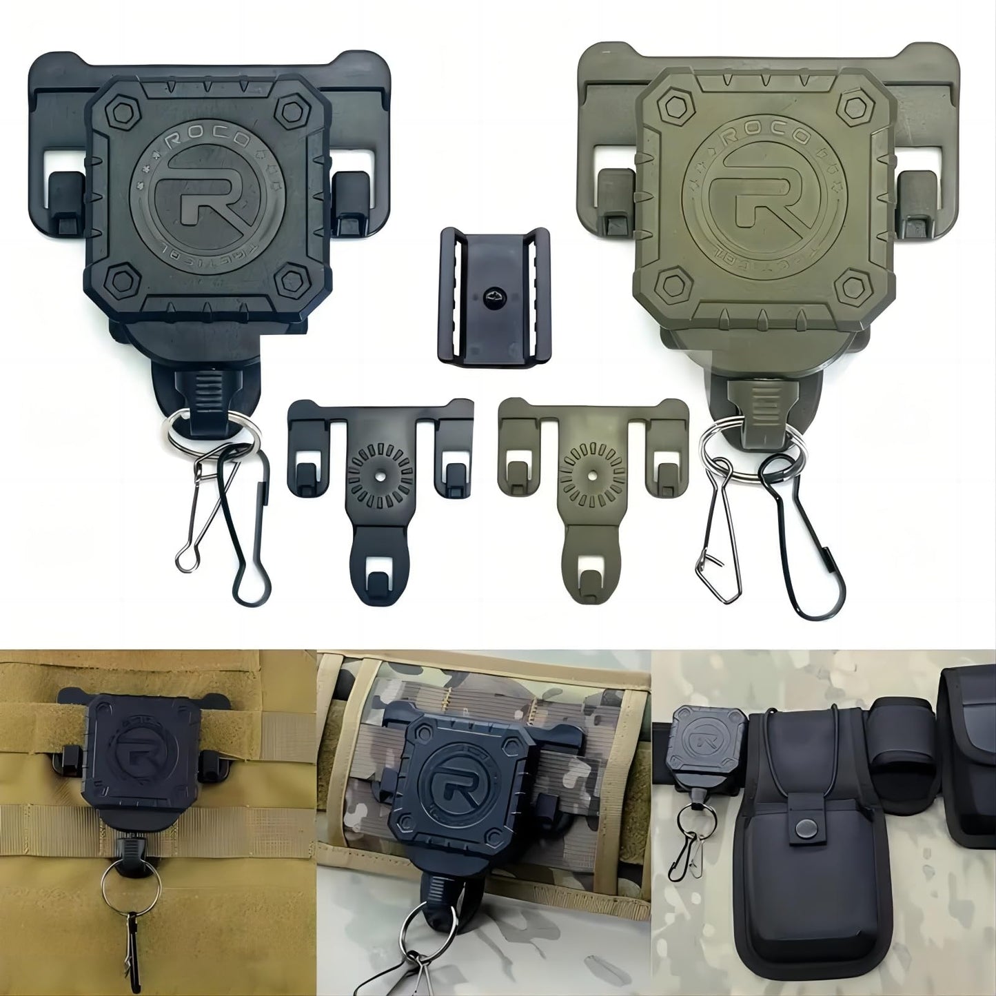 Military Tactical Gear Retractor, Molle Tactical Gear Tether, Retractable Key/Multi-Tools Holder Belt Loop and Molle Clip Included (Army Green)