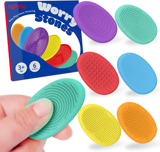 Sensory Stones 6 Pack - Hard Plastic Worry Stones for Adults & Autism Kids, 11 Textured Calming Toys for Anxiety Relief, Quiet Fidget Toys for Classroom & Office
