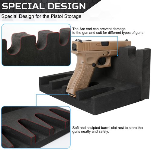OCQOTAT Pistol Rack for Safe - Foam Holder for Cabinet, Stand with 2 Magnetic Strips Fits 4 Guns