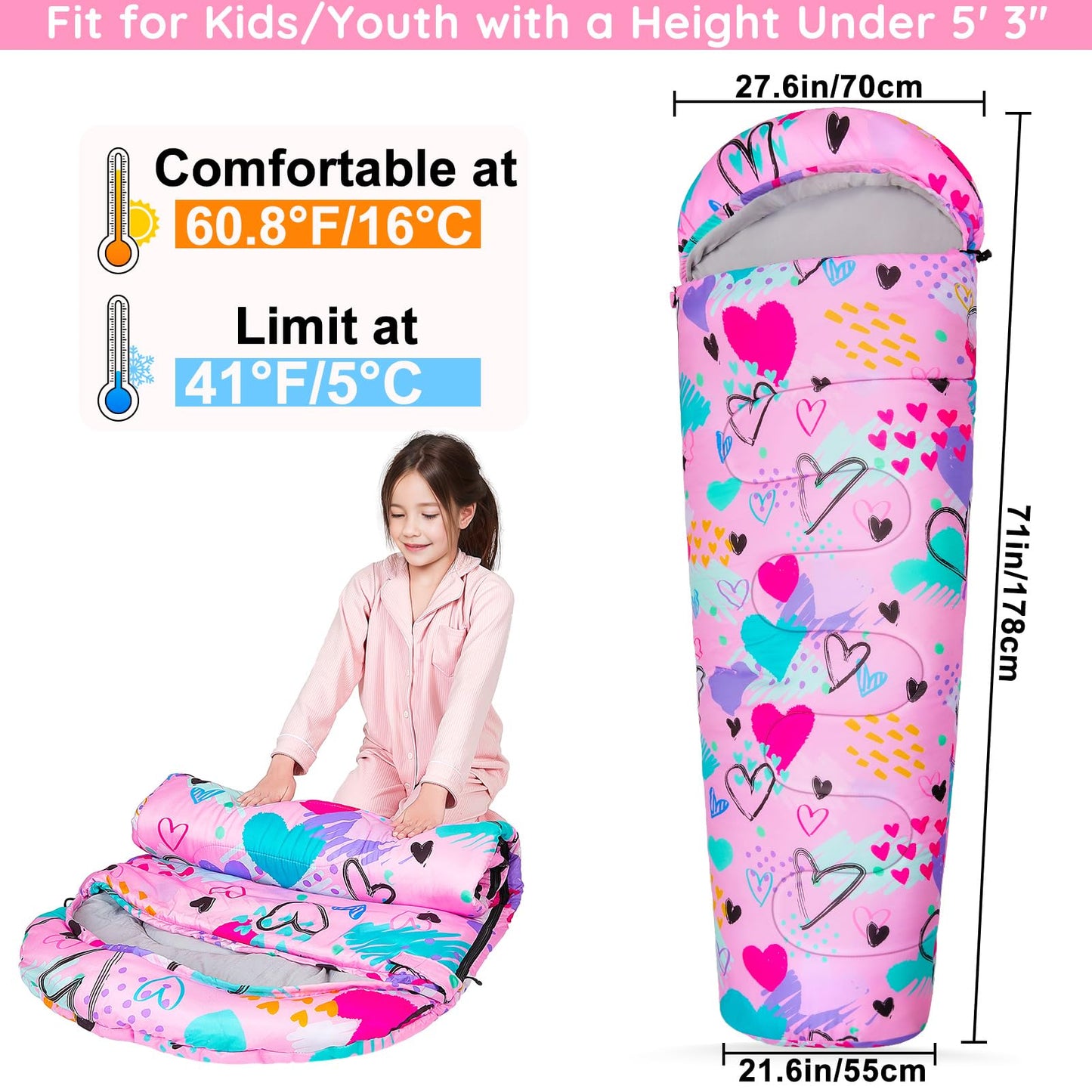 FIOBEE Kids Sleeping Bag for Girls Boys 3 Season Warm & Cool Weather 41-60.8℉ Camping Sleeping Bags with Backpacking Bag for Traveling Hiking Indoor Outdoor Camping Essentials Gear, Pink Love