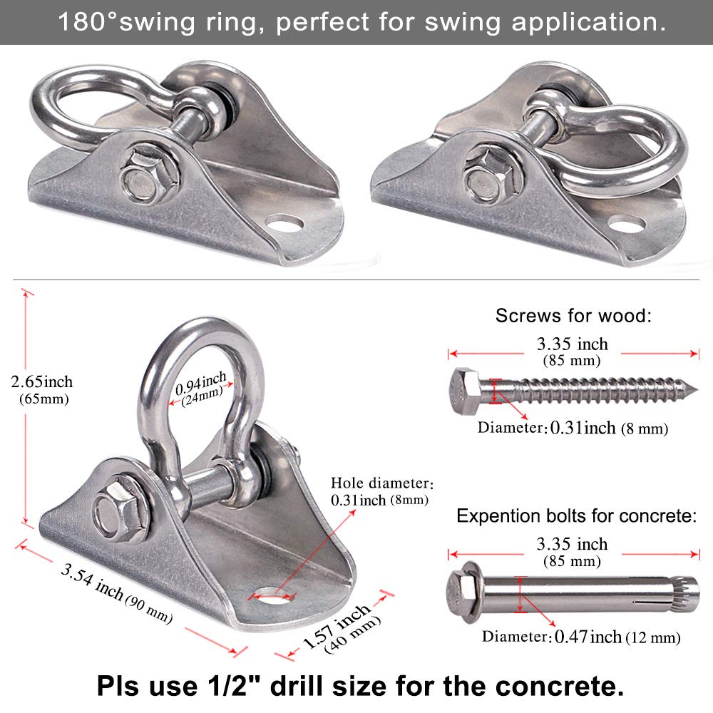 BeneLabel Stainless Steel Heavy Duty Swing Hanger Ceiling Mount 1600 LB Capacity Swing Hardware for Swing Seat, Yoga, Heavy Bag, Porch Swing, Hanging Chair with 2 Screws and 2 Expansion Bolts