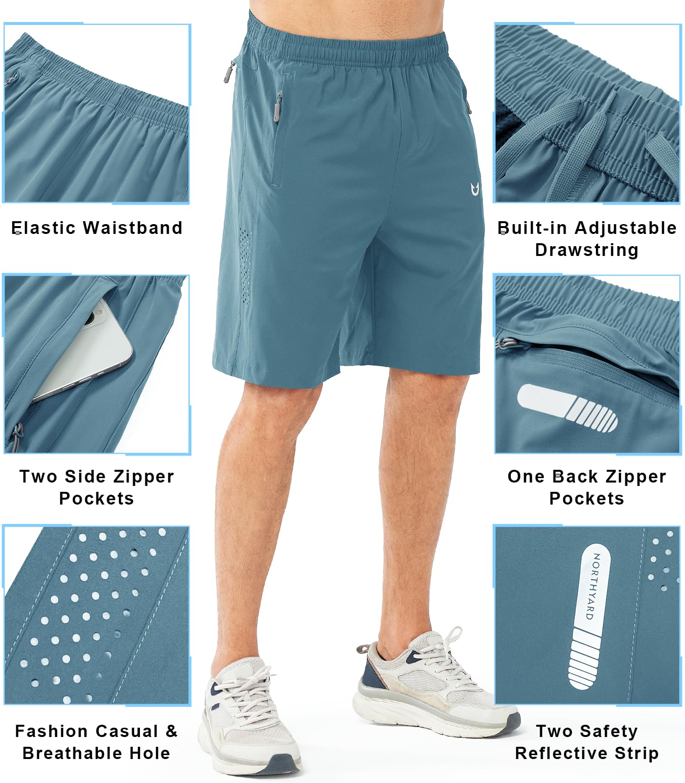 NORTHYARD Men's Athletic Running Shorts Gym Workout 7"/9"/5" Quick Dry Lightweight Sports Basketball Tennis 3 Zipper Pockets GREYBLUE-9inch 2XL