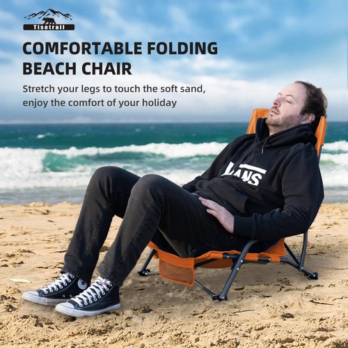 Tisetrail Portable Beach Chair for Adults Low Back Sling Chair with Cup Holder Folding Mesh Sand Chair Lightweight Lawn Chair for Beach Lawn Camping Concert Travel, Supports 300lbs, Orange