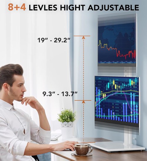 Dual Monitor Stand - Vertical Stack Screen Free-Standing Monitor Riser Fits Two 13 to 34 Inch Screen with Swivel, Tilt, Height Adjustable, Holds One (1) Screen Up to 44Lbs