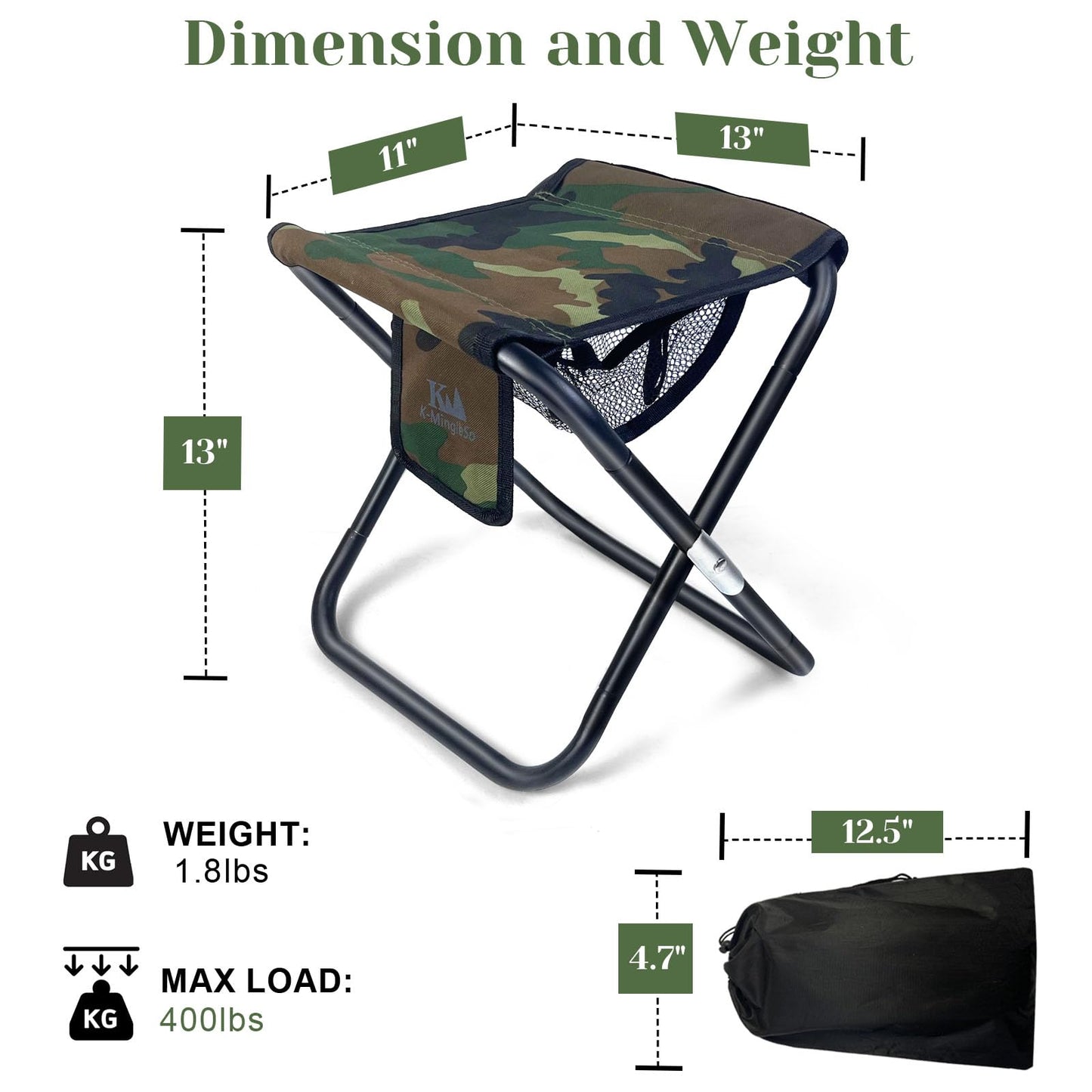 K-MingleSo Upgraded 13 Inch Portable Folding Camping Stool with Side Pocket Mesh Pocket and Molle System, Lightweight Foldable Stool for Adults Gardening Travel BBQ Fishing with Carry Bag[Camo]