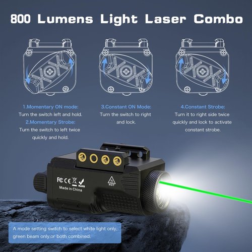 Skywoods Pistol Laser Light Combo - 800 Lumens Green Laser Beam Flashlight Combo for Glock Rifle with Picatinny 1913 Rail, Tactical Weapon Light Gun Laser and Flashlight, Rechargeable 500mAh Battery