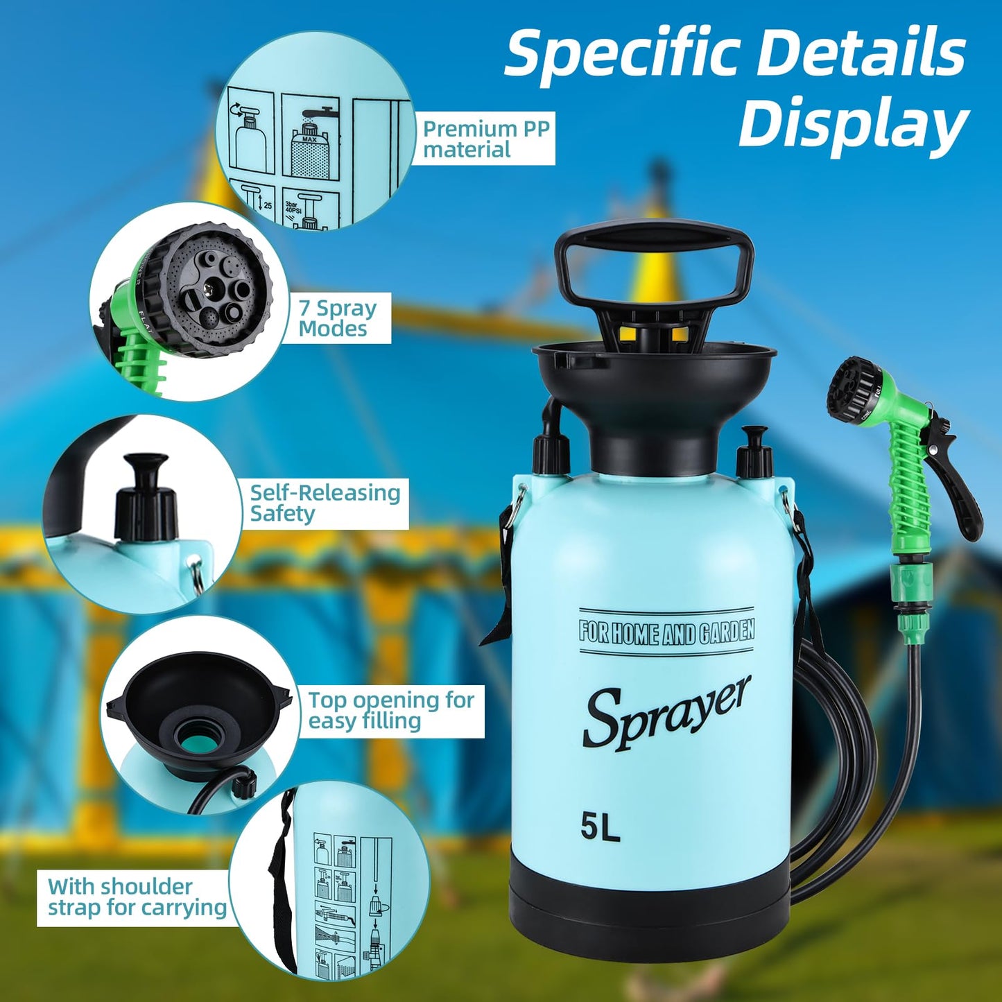 Finderomend Portable Shower for Camping with 7 Spray Modes, 1.3 Gallon Hand Press Camping Shower with Removable Hose and Shower Head,5L