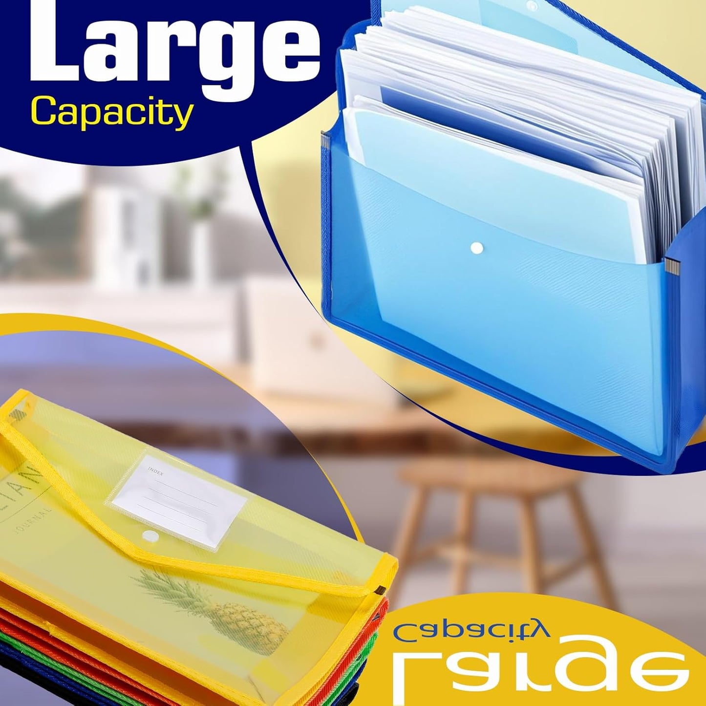 5 Pack Plastic Expanding File Folder, Waterproof Transparent File Folder, Poly Envelope with Snap Closure, Large Capacity, Fit Letter/A4 Size, Document Organizer for Office Home