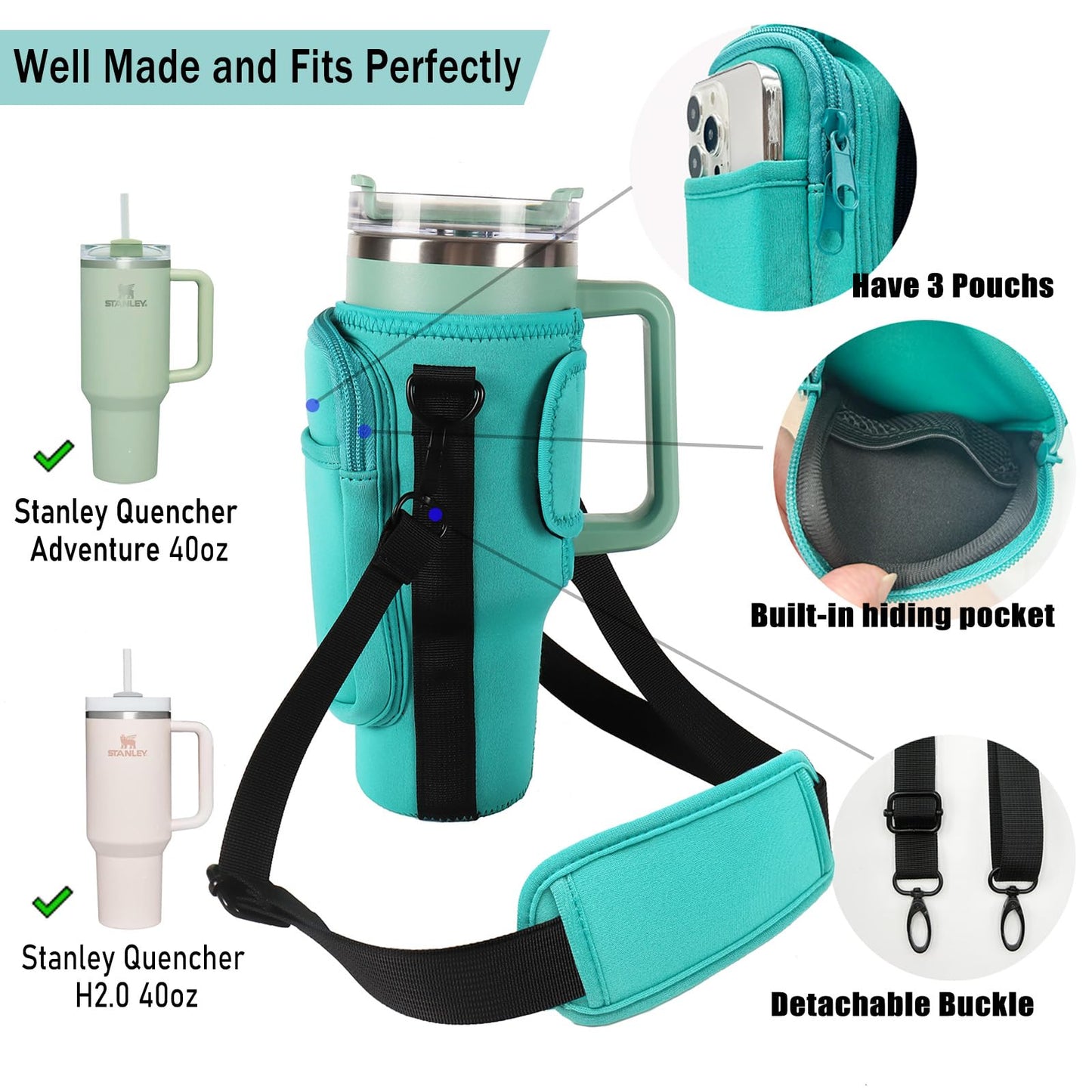LMYUHONG Water Bottle Carrier Bag Holder for Stanley with Strap Pouch,Fits for Quencher Adventure 40oz,H2.0 Stanley Cup Accessories,Bottle Pouch for Hiking Travelling Camping Climbing,Green