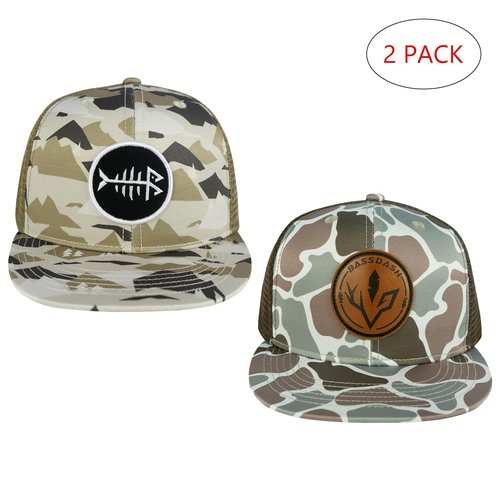 BASSDASH 2 Pack Flat Brim Trucker Cap Adjustable Snapback Hat Mesh Back for Men Women Fishing Hunting