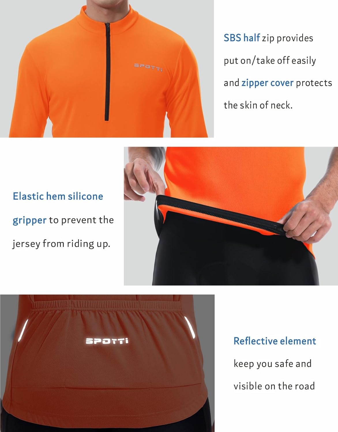Spotti Men's Cycling Bike Jersey Long Sleeve with 3 Rear Pockets - Moisture Wicking, Breathable, Quick Dry Biking Shirt