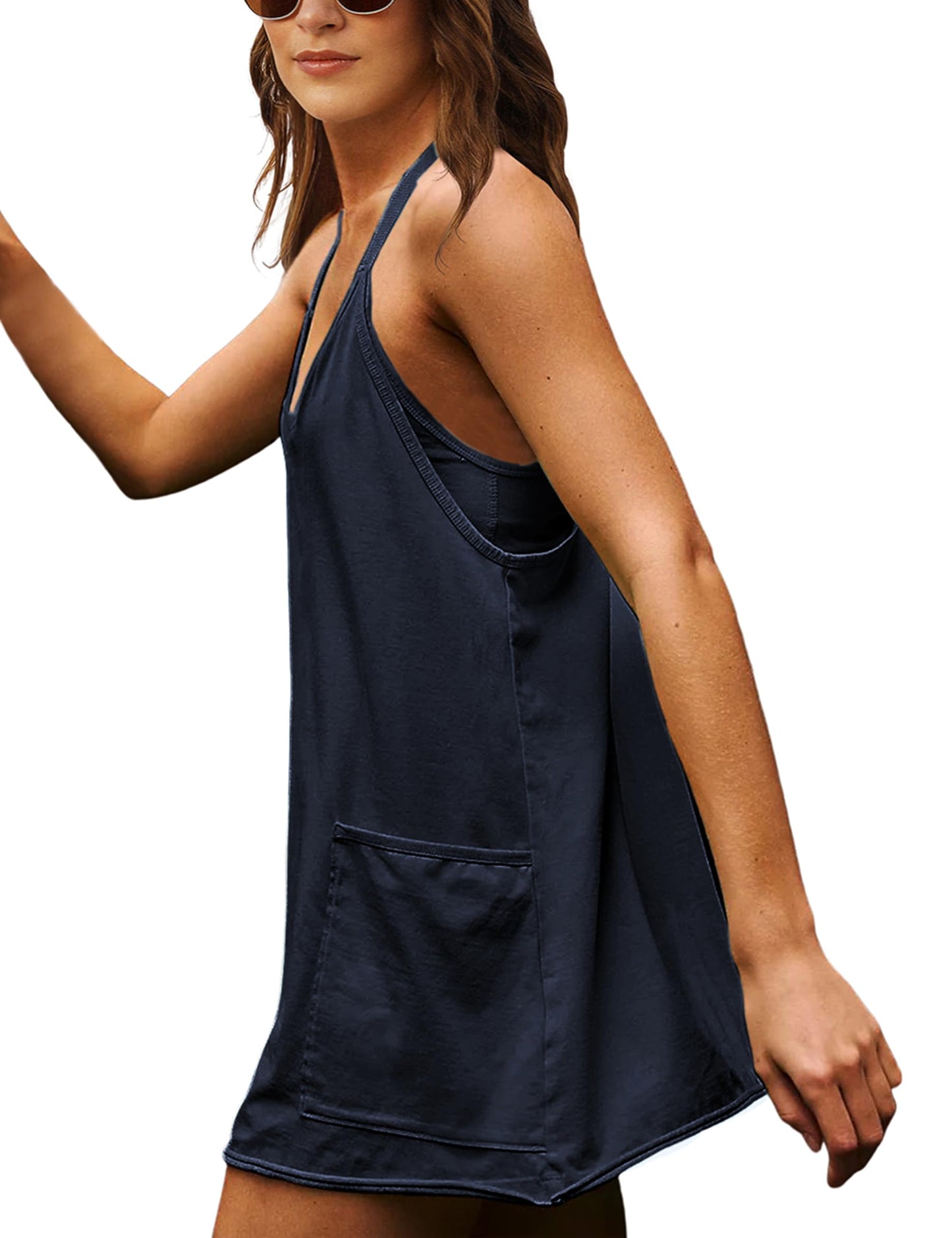 Lentta Womens Athletic Sleeveless Mini Dress with Built-in Shorts V Neck Spaghetti Strap Sundress(DarkBlue-L)