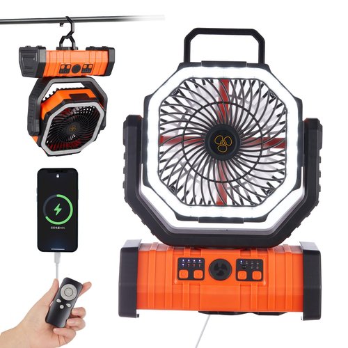 Rechargeable Fan,Operated Camping Battery Powered Fan with Hook&Bright LED Light,Remote Control Timer Auto Oscillation Cordless Outdoor for Power Outage,Picnic,Barbecue,Fishing,Travel,Jobsite,Home