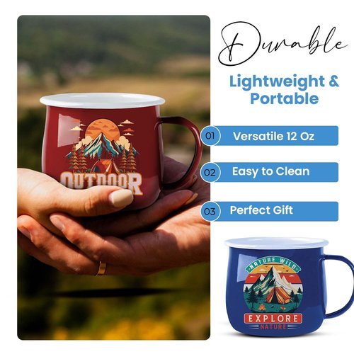 Toughty Enamel Camping Coffee Mug – Stainless Steel Portable Mug for Camping, Hiking, RV, Travel & Outdoor, Rust-Resistant & Lightweight, Durable Insulated Cup w/Handle – 12 oz, Multicolor, 4-Pack