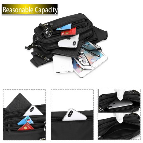 Large Waist Bum Bag Fanny Pack for Outdoor Sport Fashion Waterproof Bag Belt Bag for women men boys Multifunctional Travel Workout Hiking Running Cycling 6 Zipper Pockets (Black)