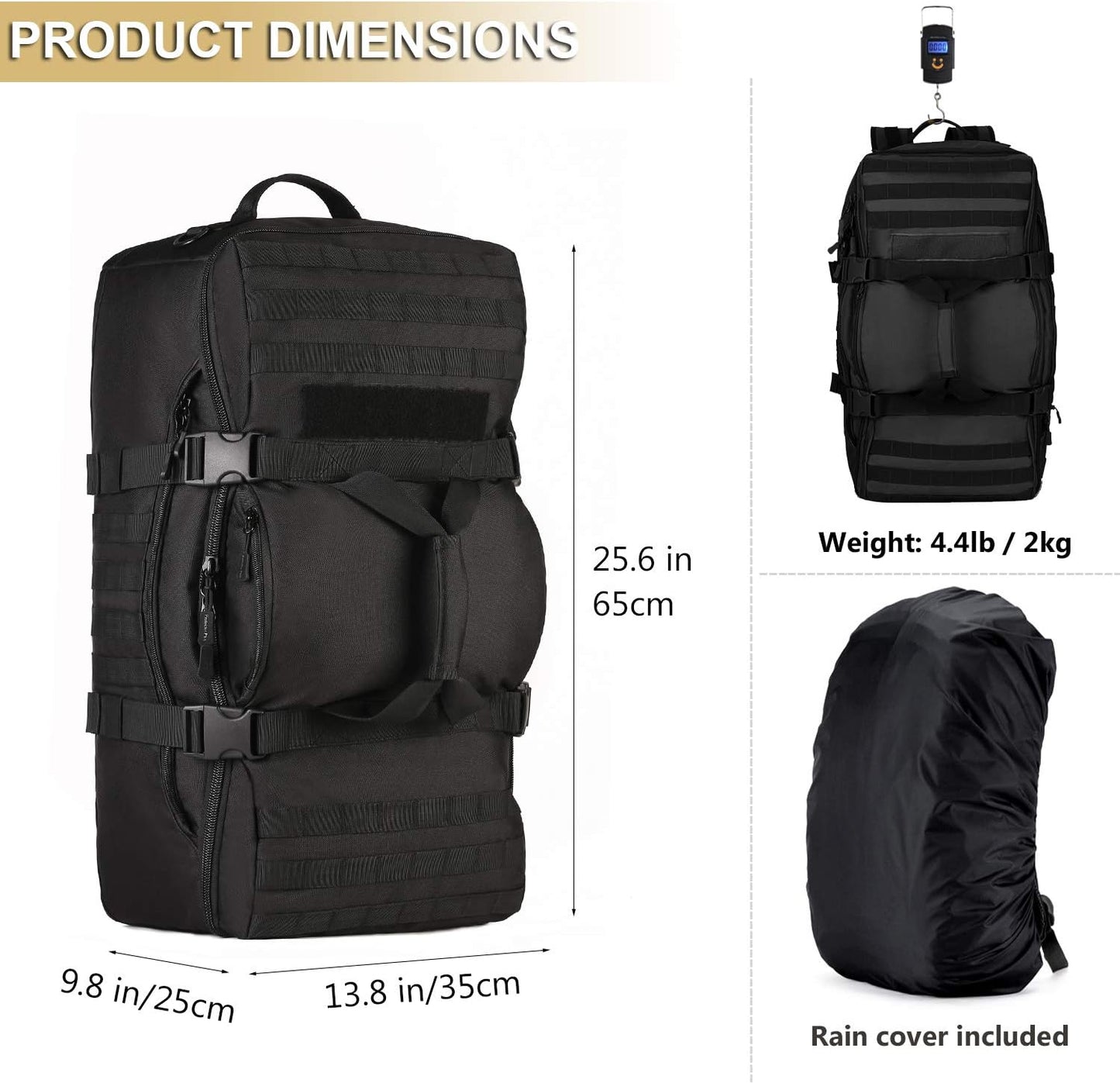 ArcEnCiel60L Outdoor Tactical Duffel Backpack Military Waterproof Suitcase Sport Luggage Hiking Camping Bag（Rain Cover+Patch）