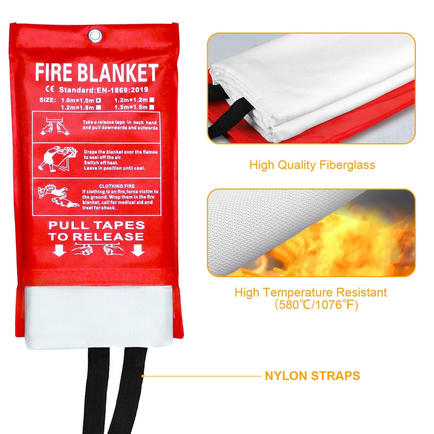 JT JUSTIME Fire Blanket Emergency for Home Kitchen, Fiberglass Fire Suppression Blanket for School, Fireplace, Outdoor Grill, Car, Office, Warehouse (1 Pack)