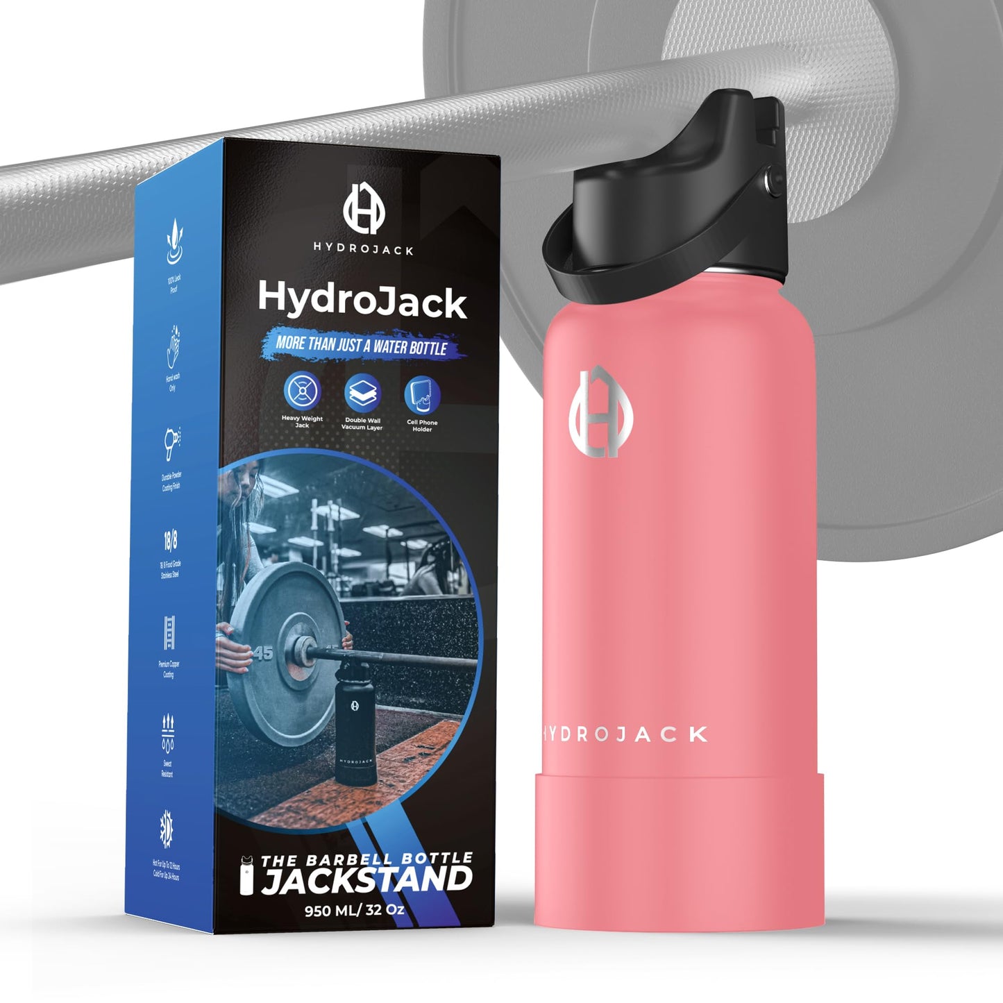 Hydrojack - Flask-Style Water Bottle w/ 505 lb. weight capacity Deadlift Jack Stand with Phone Slot for Weightlifting (Power Pink)