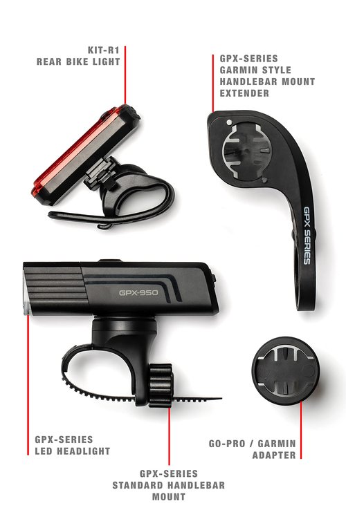 [New 2024] GPX-950 Bike Lights Compatible with Garmin/Go-Pro Mounts USB-C Rechargeable Front and Back Bicycle Light for Day or Night Riding - Quarter Turn & Twist (950 Lumens)