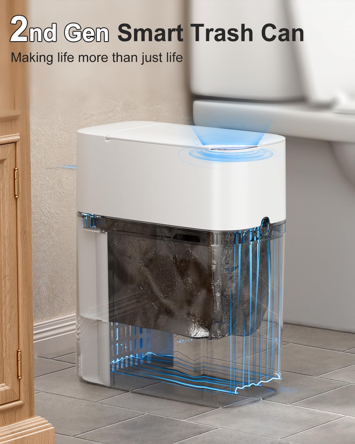 CTIME Touchless Automatic Bathroom Trash Can with Lid - 3 Gallon Slim Motion Sensor Garbage Can for Bedroom, Kitchen, Office - White (6" W x 11" L x 13" H)