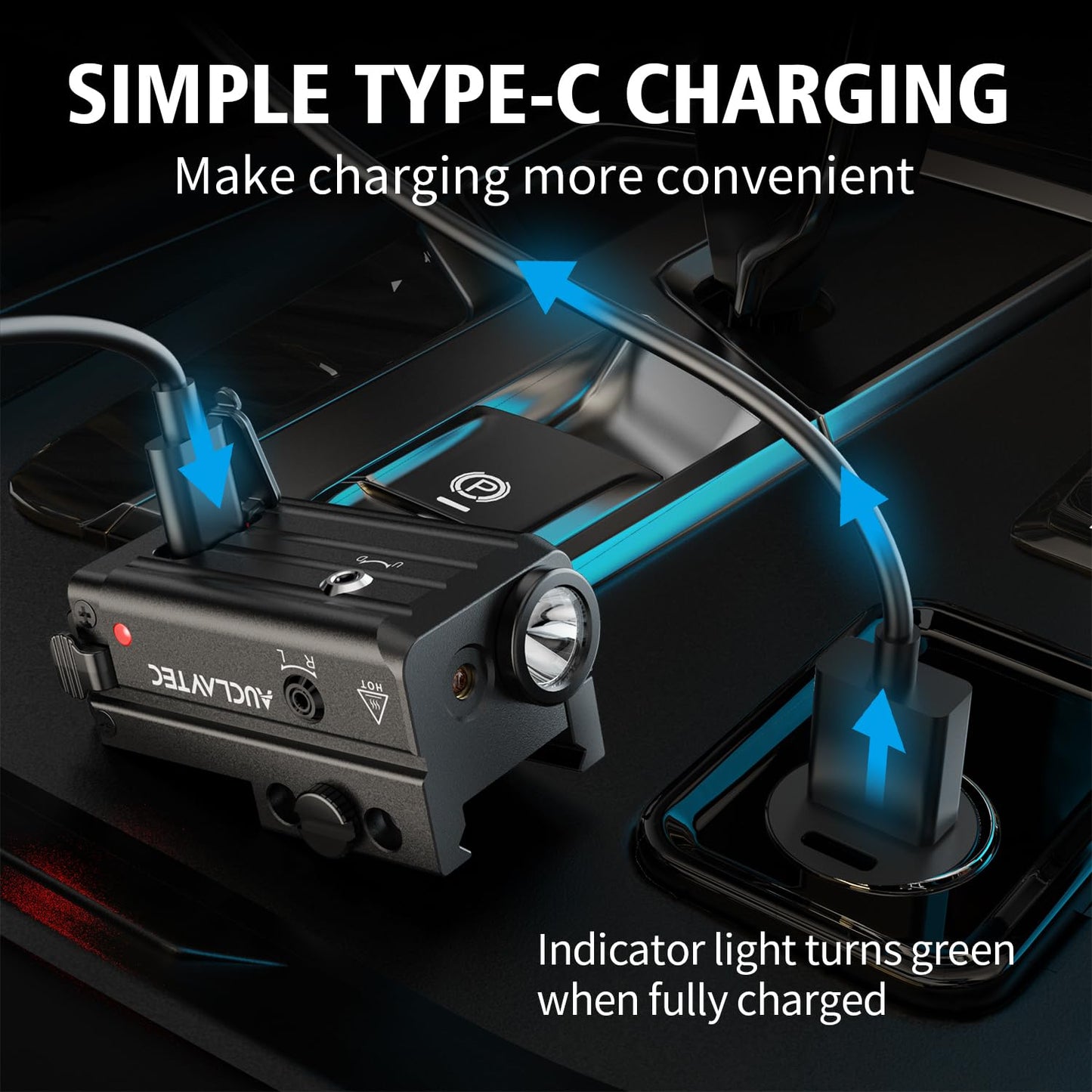 AUCLAYTEC 450 Lumen Pistol Flashlight Red Beam Laser Light Combo Gun Light, Compact Pistol Laser Flashlight Combo USB-C Rechargeable Tactical Flashlight for GL or Picatinny Rail