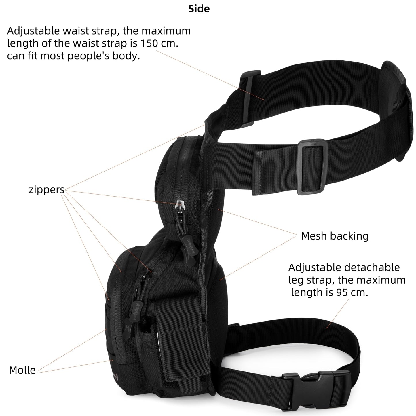 AMHEH Drop Leg Thigh Bag Hip Pouch 4.5L Black | Military, Tactical, Motorcycle, Bike, Cycling, Hiking, Outdoor, Adjustable for Waists Up to 59 Inches