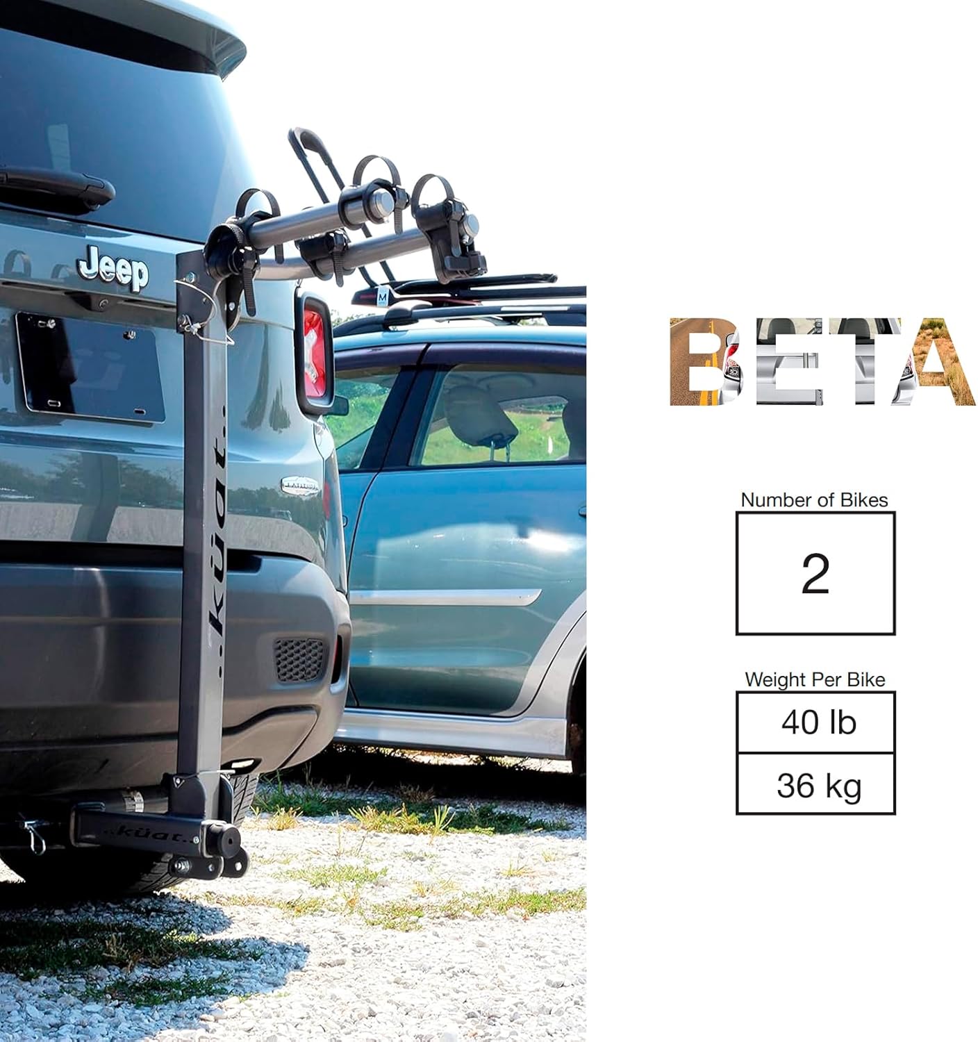 KUAT Beta Hitch-Mounted Bike Rack | Hanging-Style Durable Lightweight Aluminum Powder Coated Folding Tilting-Down Gray Bicycle Car Truck Transportation Hauling Rack | 2 Bike Capacity