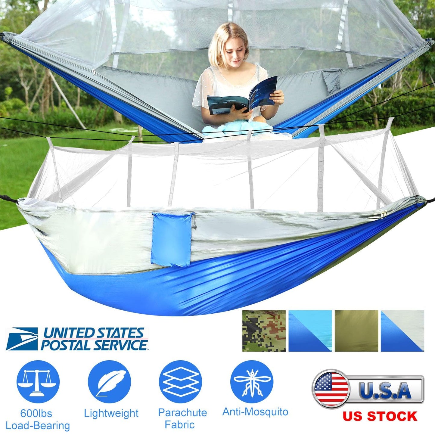iMounTEK Camping Hammock 2 Persons Hammock with Mosquito Net for Bed Outdoor 600Lbs Load Hiking Camping Hammock& Hanging Kit Portable Nylon Swing Hanging Bed, Patio, Camping,Travel (Grey-Blue)