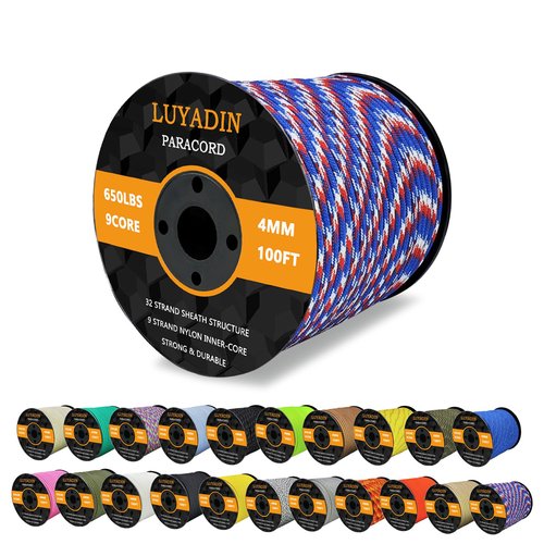 LUYADIN Paracord 650lb - 9 Strand Parachute Spool Cord - 40+ Colors-100ft 200ft 500ft 1000ft 4mm,Paracord for Camping,Hiking,Fishing,Outdoor and DIY