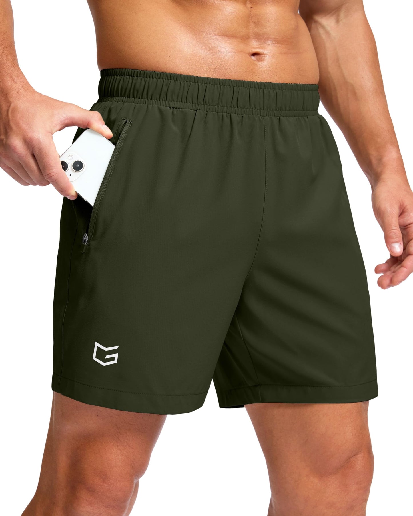 G Gradual Men's Athletic Running Shorts with Zipper Pockets Quick Dry 7"/ 5"/ 9" Workout Gym Shorts for Basketball Hiking(Olive,5L)