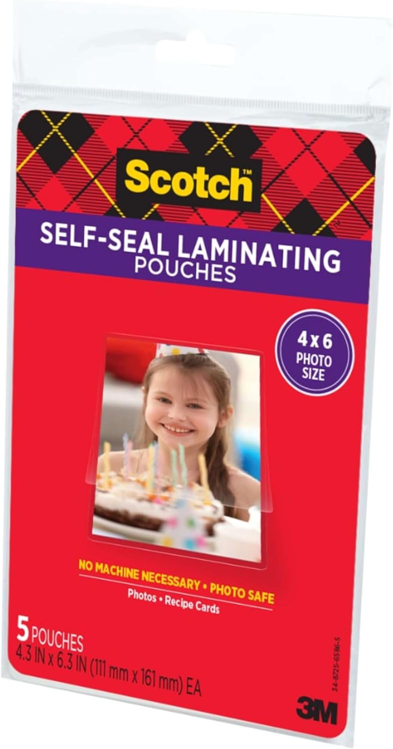Scotch Self-Sealing Laminating Pouches, Gloss Finish, Photo Size 4 x 6 Inches, 5/Pack