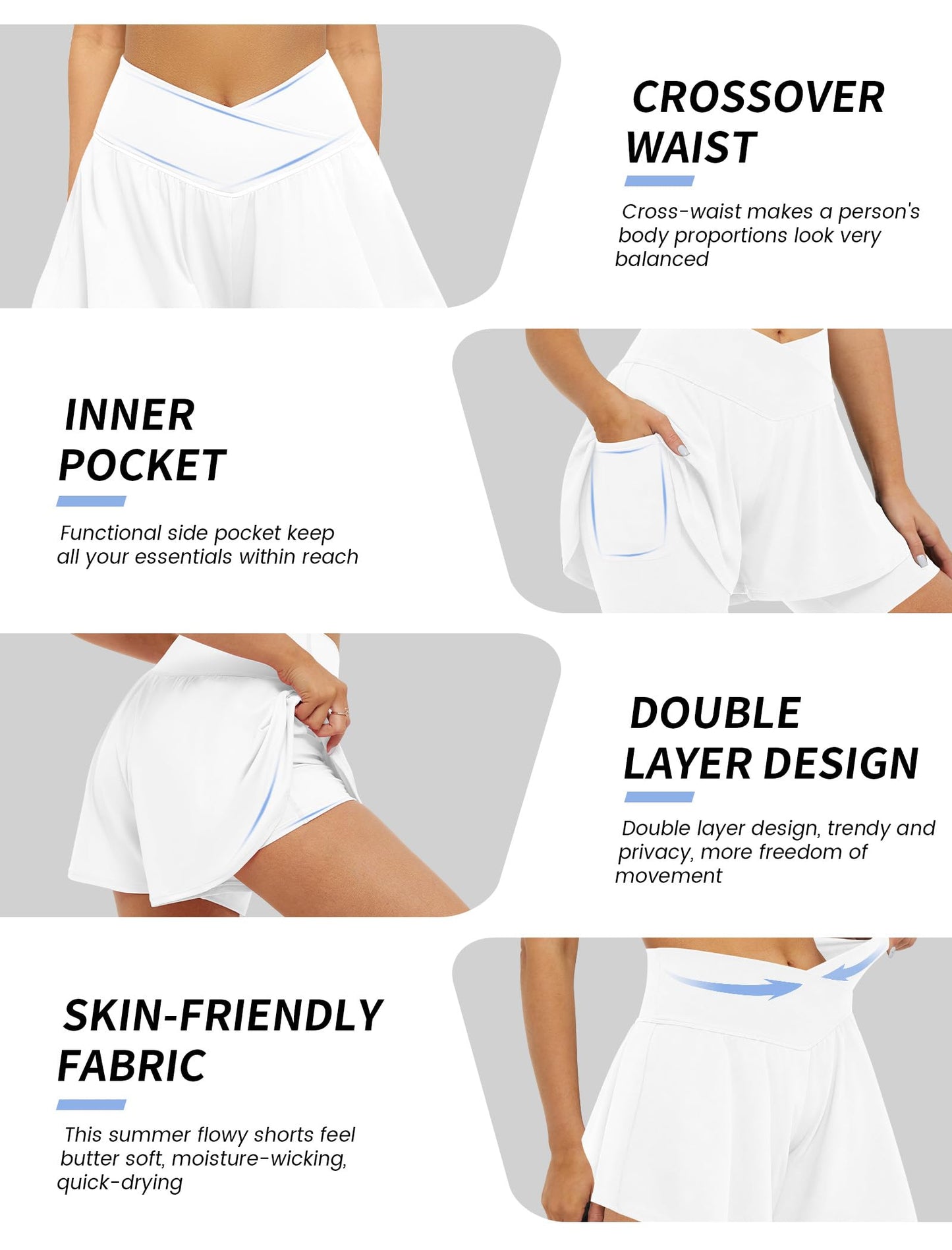 FireSwan Crossover Athletic Shorts for Women 2 in 1 Flowy Running Shorts with Pockets Spandex Butterfly Workout Tennis Skorts White