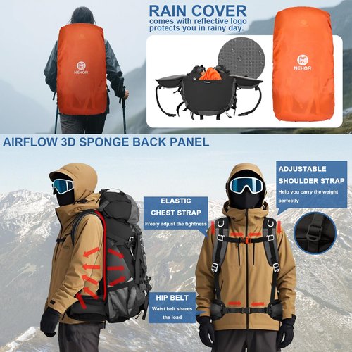 NEHOR 60L Hiking Backpack, Water Resistant Camping Backpack with Rain Cover, Large Lightweight Hiking Bag Outdoor Travel Daypack for Men Women, Black