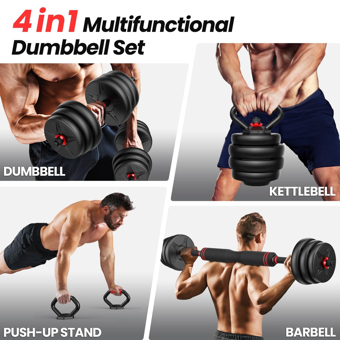 FITPLAM 4 in 1 Adjustable Dumbbell Weight Set, 45lbs Free Weights with Upgraded Nut, Used as Kettlebells, Barbell, Push Up Stand for Home, Gym, Fitness, Exercise, Suitable Men/Women, Black