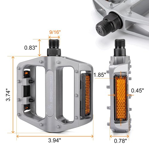 Mountain Bike Pedals 9/16 Inch - Bicycle Flat Pedals with Reflectors - Lightweight Aluminum Alloy Wide Platform Pedals for Mountain Bike, BMX, Road Bike Pedals (Sliver)