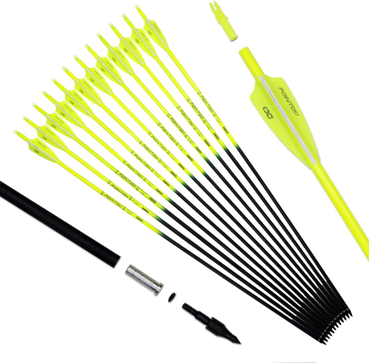 30inch Carbon Arrow Fluorescence Color Targeting and Practice and Hunting Arrows for Compound Bow and Recurve Bow with Removable Tips(Pack of 12)