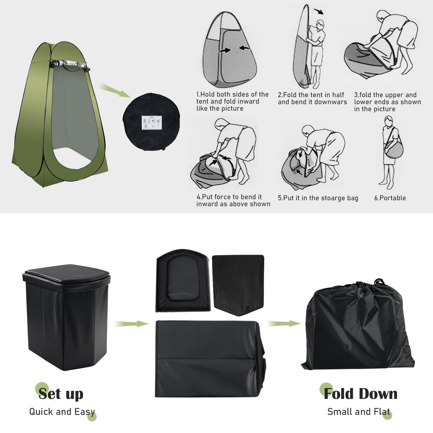 Portable Camping Toilet Kit for Adults, Pop up Privacy Tent, X Large Folding Toilet Potty with Camping Tent, Outdoor Instant Shower Tent Camp Toilet Changing Dressing Room (Green)