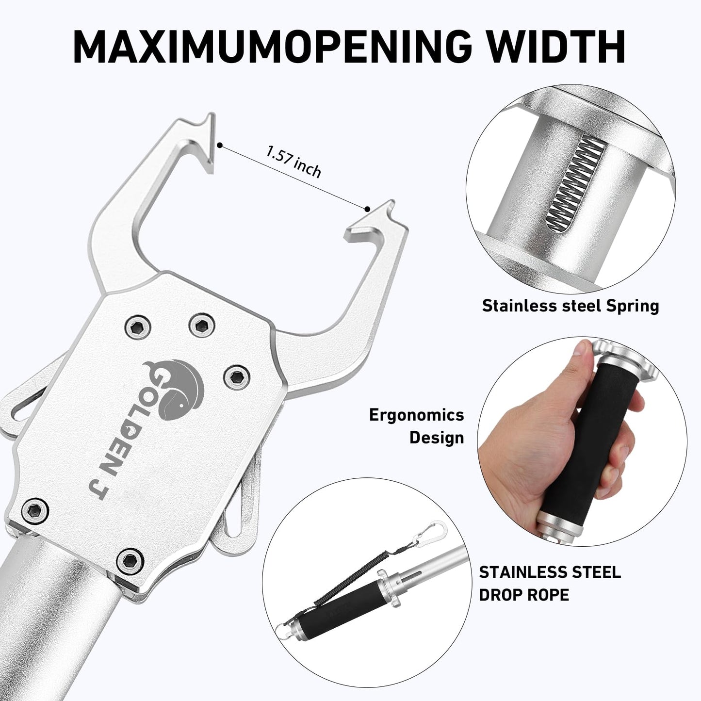 GOLDEN J 16" Fish Lip Gripper - Heavy-Duty & Saltwater Proof, Aircraft-Grade Aluminum Alloy, 60LB Capacity, Non-Slip 360° TPR Swivel Handle & Anti-Escape Push Rod, for Surf, Ice, Fresh/Saltwater