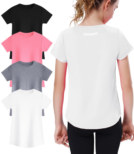 EXARUS 4 Pack Girls Athletic Shirts Quick Dry Short Sleeve Tshirts Crewneck Tee Workout Activewear Tops for Kids 8-16Y Set 7 12Y