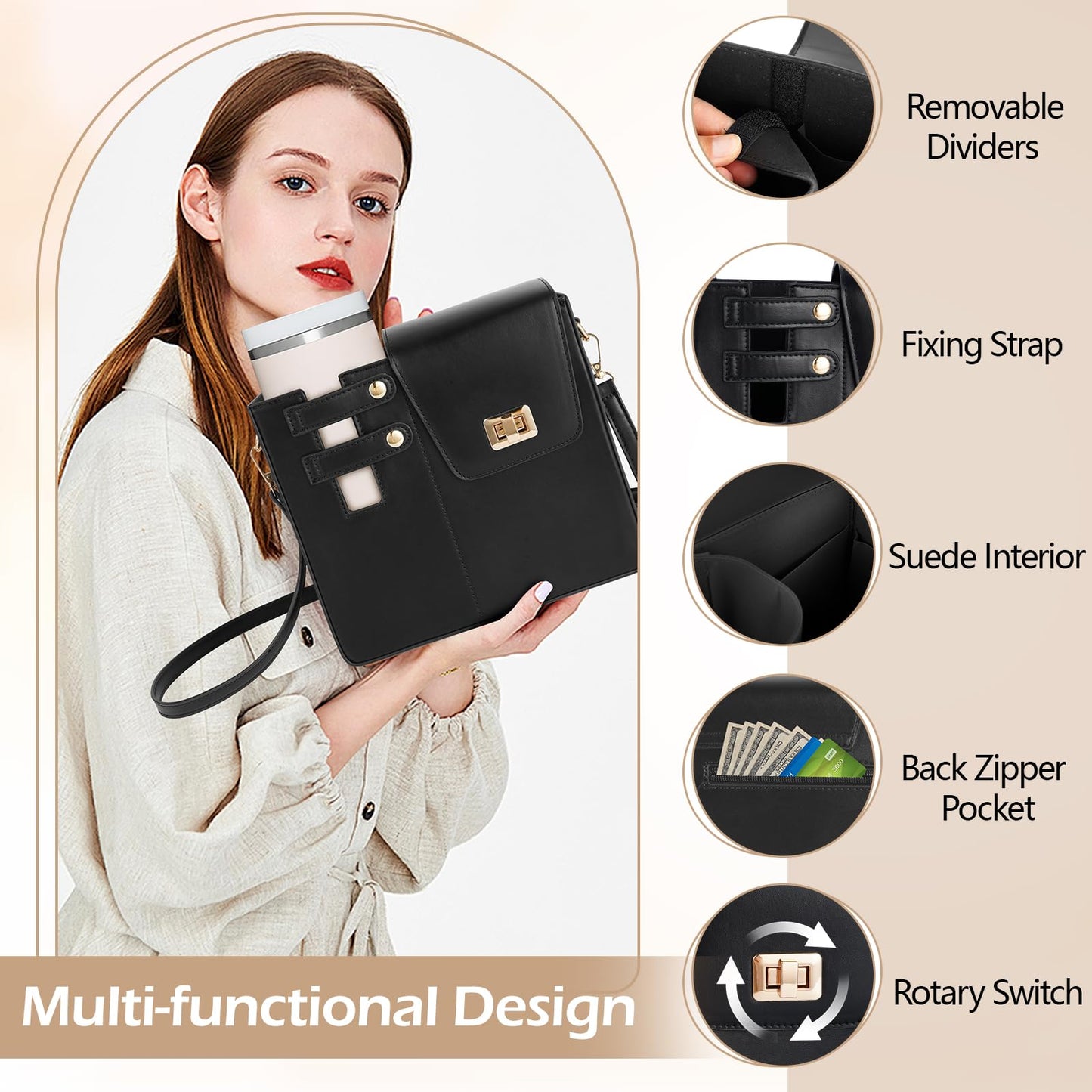 FACULX Outdoor Portable Crossbody Water Cup Storage Bag, Adjustable Crossbody Cup Holder Bag with Coin Purse and 2Pcs Replaceable Bag strap for Travel Daily Use (Black)