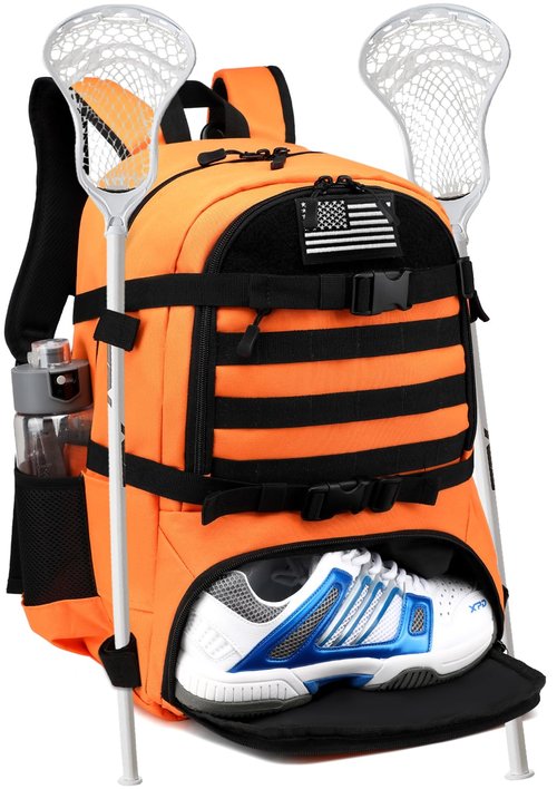 SLINRKE Lacrosse Bag with 2 Stick Holders Tactical Style Lacrosse Equipment Backpack with Separate Shoe Compartment for All Field Hockey Gear (Orange)