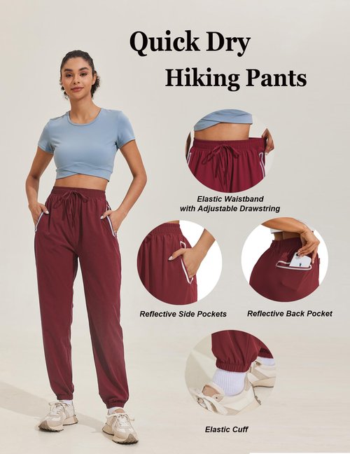 PINSPARK Lady Joggers Pants Athletic Running Jogging Pants Quick Dry Zipper Pockets Sports Hiking Pants with Reflective Strip Dark Red XS